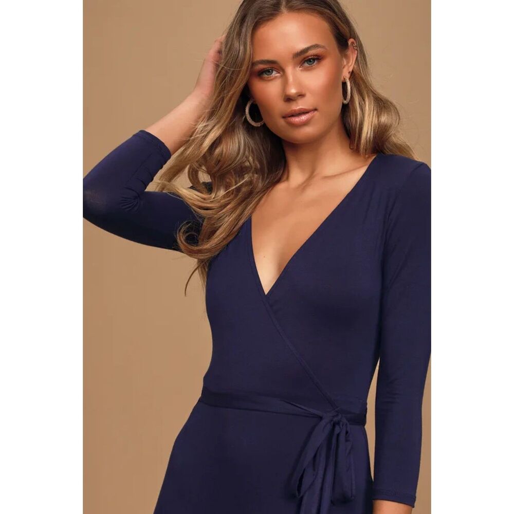 LULUS Navy Blue Garden District Wrap Stretchy Jersey Knit Fitted Maxi Dress XS